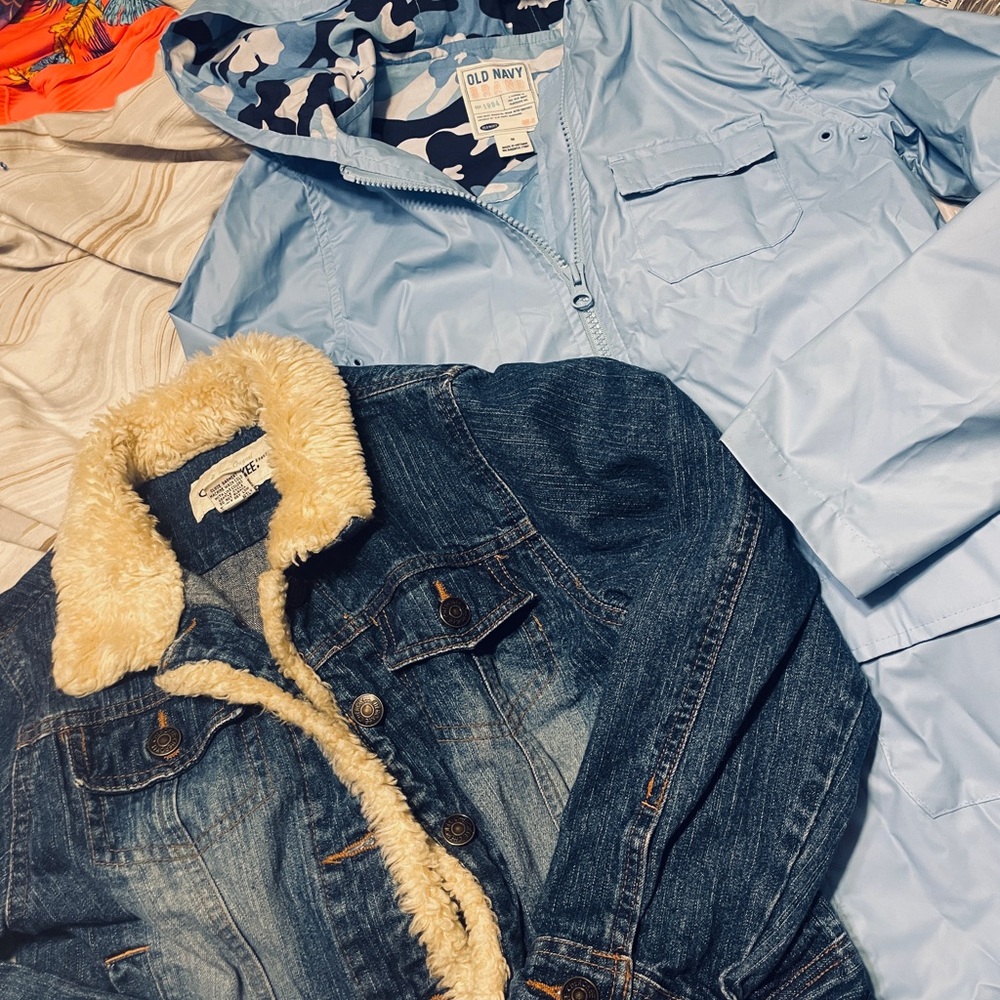 2 girls sz M 8 Cherokee demin jacket &  old navy raincoat